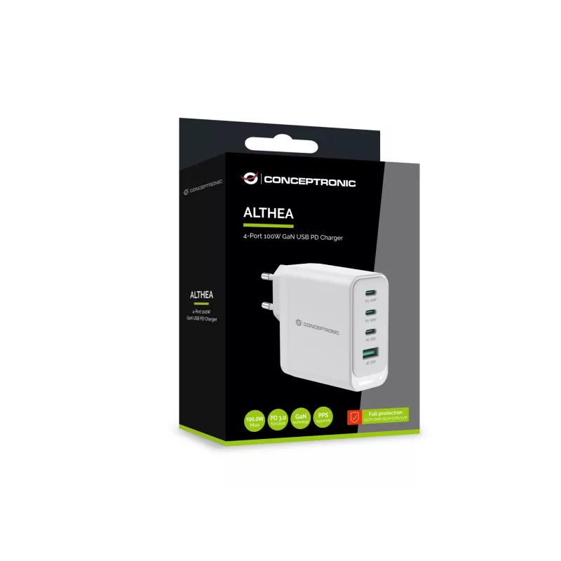 Conceptronic ALTHEA22W100 4-Port 100W GaN USB PD Įkroviklis, USB-C x 3, USB-A x 1, QC 3.0, PPS, PD 3.0