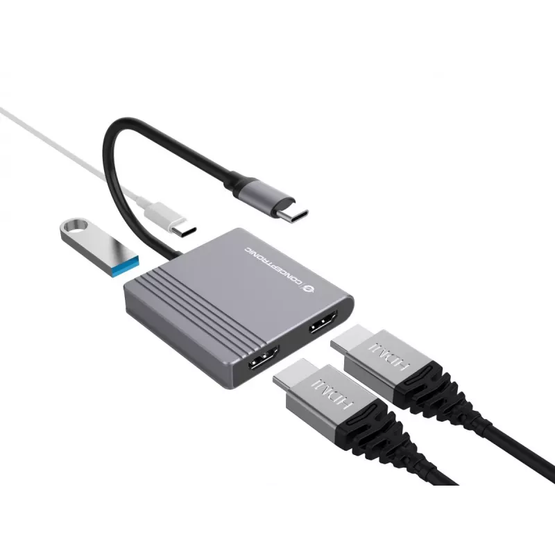Conceptronic DONN13G 4-in-1 USB-C dokų stotelė / replikatorius, USB 3.2 Gen 1 Type-C, pilka