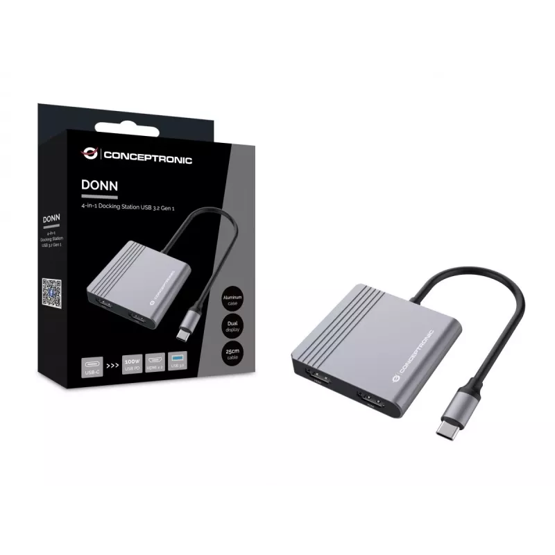 Conceptronic DONN13G 4-in-1 USB-C dokų stotelė / replikatorius, USB 3.2 Gen 1 Type-C, pilka