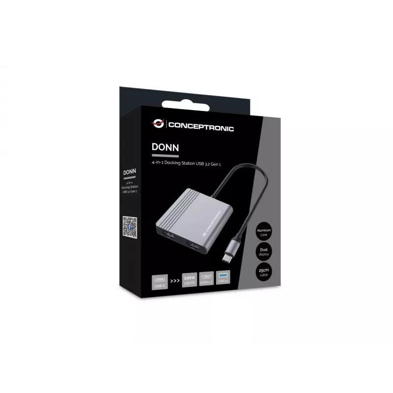 Conceptronic DONN13G 4-in-1 USB-C dokų stotelė / replikatorius, USB 3.2 Gen 1 Type-C, pilka