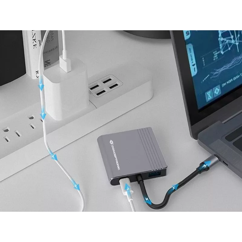 Conceptronic DONN13G 4-in-1 USB-C dokų stotelė / replikatorius, USB 3.2 Gen 1 Type-C, pilka