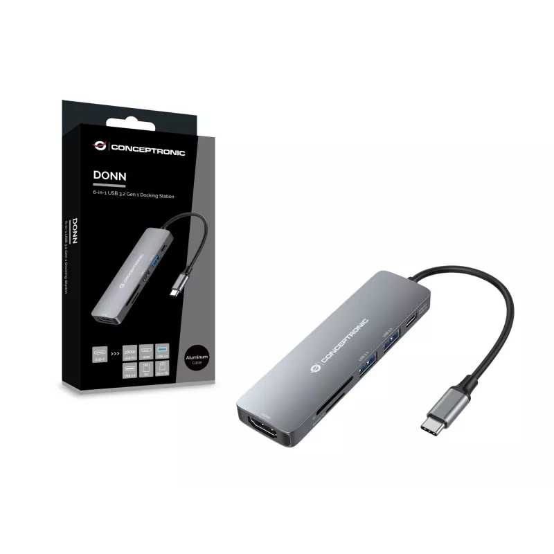 Conceptronic DONN11G 6-in-1 USB 3.2 Gen 1 dokų stotelė, HDMI, 100W USB PD, USB 3.0, USB 2.0, SD, TF/MicroSD