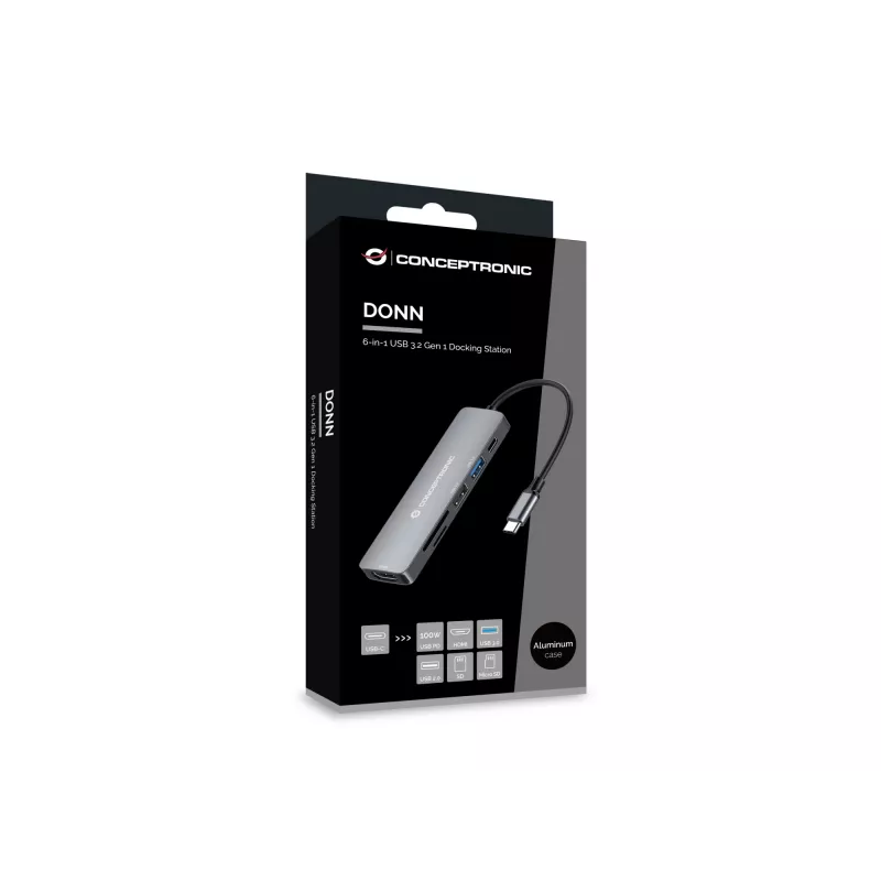 Conceptronic DONN11G 6-in-1 USB 3.2 Gen 1 dokų stotelė, HDMI, 100W USB PD, USB 3.0, USB 2.0, SD, TF/MicroSD