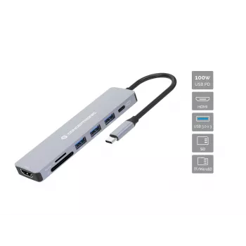 Conceptronic DONN19G 7-in-1 USB 3.2 Gen 1 Docking Station, HDMI, USB-A 3.0 x 3, SD, TF/MicroSD, 100W USB PD