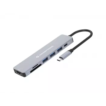 Conceptronic DONN19G 7-in-1 USB 3.2 Gen 1 Docking Station, HDMI, USB-A 3.0 x 3, SD, TF/MicroSD, 100W USB PD