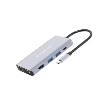 Conceptronic DONN20G 10-in-1 USB 3.2 Gen 1 dokavimo stotelė, HDMI, VGA, USB-A 3.0 x 3, SD, TF/MicroSD, garsas, GbE LAN, 100W USB PD