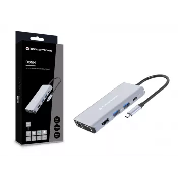 Conceptronic DONN20G 10-in-1 USB 3.2 Gen 1 dokavimo stotelė, HDMI, VGA, USB-A 3.0 x 3, SD, TF/MicroSD, garsas, GbE LAN, 100W USB PD