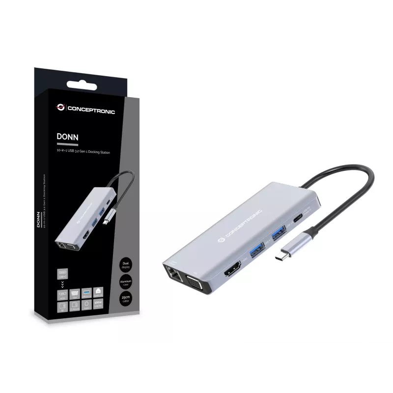 Conceptronic DONN20G 10-in-1 USB 3.2 Gen 1 dokavimo stotelė, HDMI, VGA, USB-A 3.0 x 3, SD, TF/MicroSD, garsas, GbE LAN, 100W USB PD