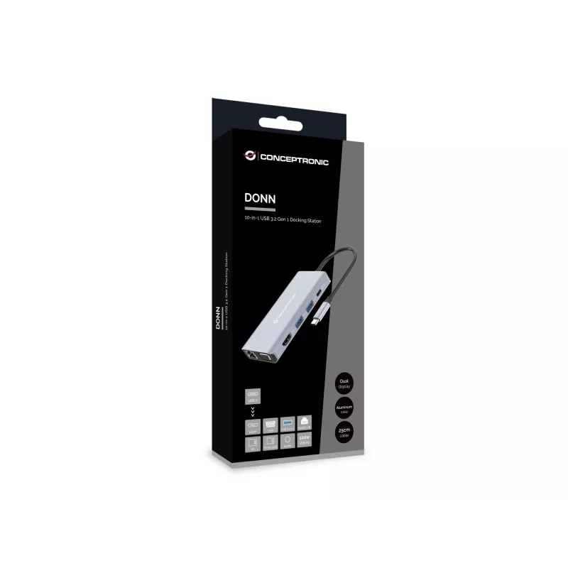 Conceptronic DONN20G 10-in-1 USB 3.2 Gen 1 dokavimo stotelė, HDMI, VGA, USB-A 3.0 x 3, SD, TF/MicroSD, garsas, GbE LAN, 100W USB PD