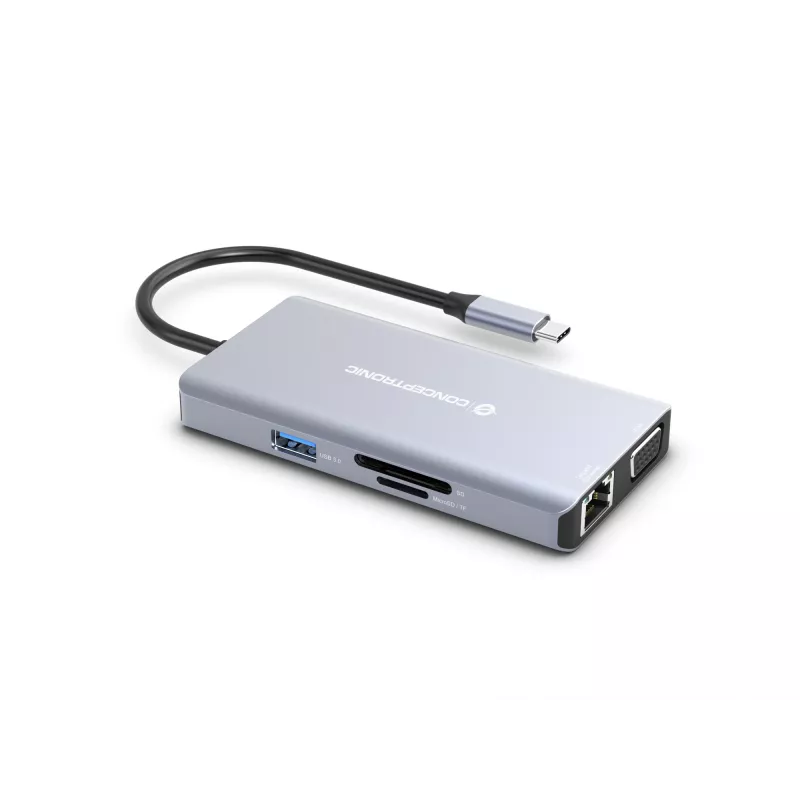 Conceptronic DONN20G 10-in-1 USB 3.2 Gen 1 dokavimo stotelė, HDMI, VGA, USB-A 3.0 x 3, SD, TF/MicroSD, garsas, GbE LAN, 100W USB PD