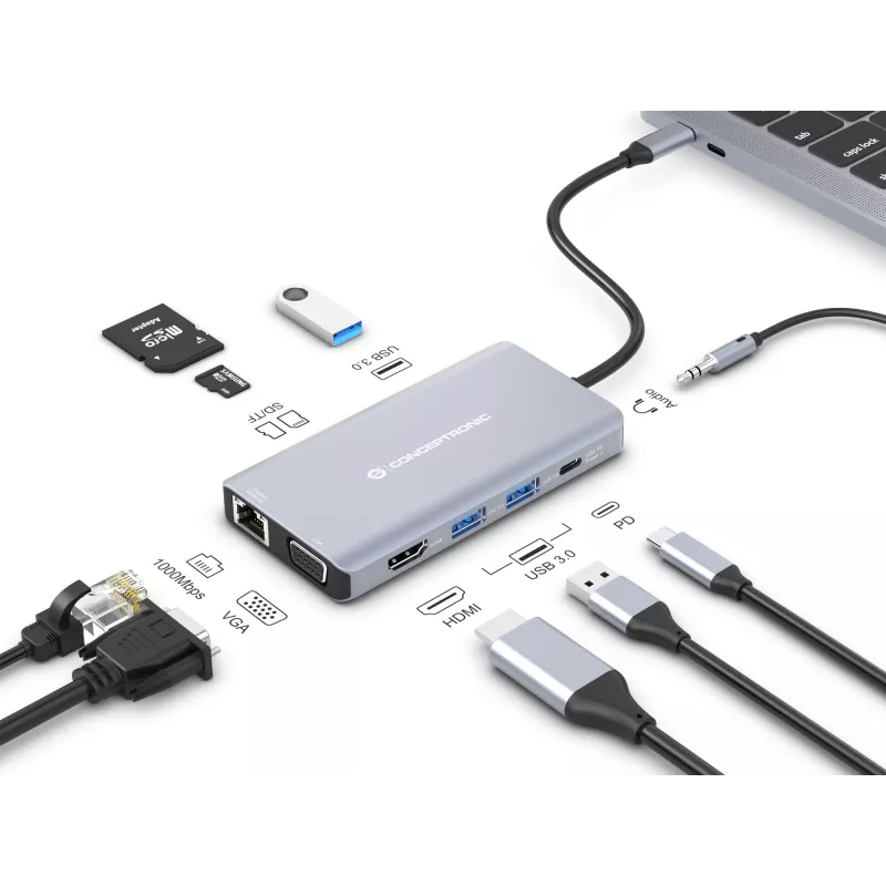 Conceptronic DONN20G 10-in-1 USB 3.2 Gen 1 dokavimo stotelė, HDMI, VGA, USB-A 3.0 x 3, SD, TF/MicroSD, garsas, GbE LAN, 100W USB PD