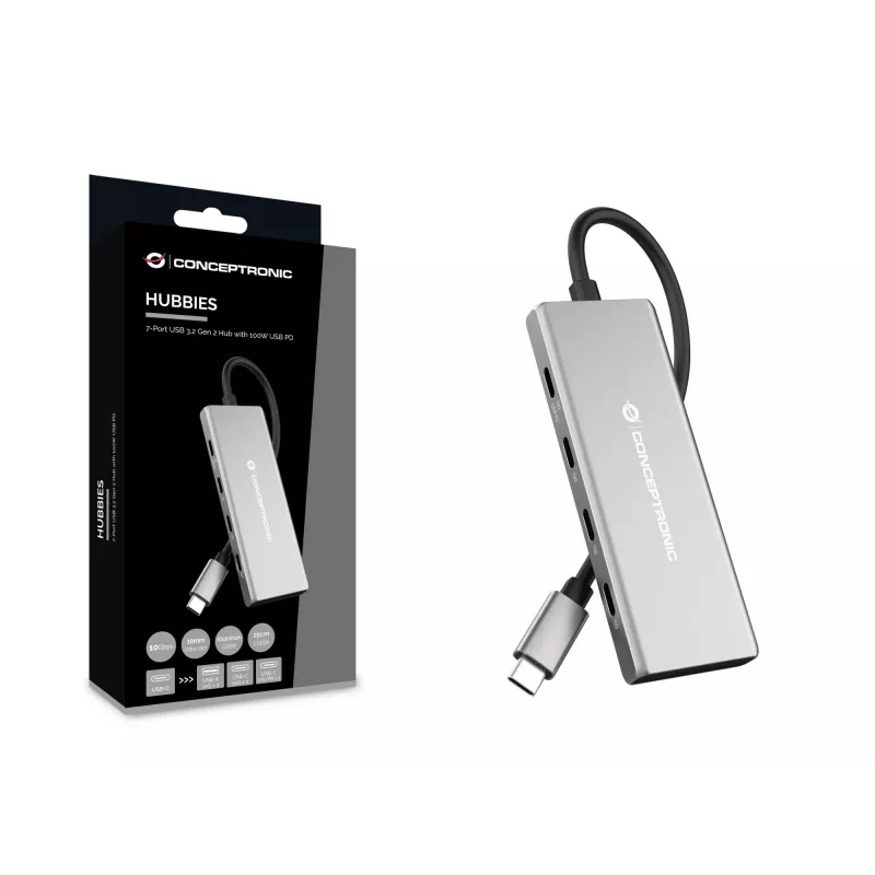 Conceptronic HUBBIES17G USB 3.2 Gen 2 tipo C 7 prievadų USB šakotuvas, pilka spalva