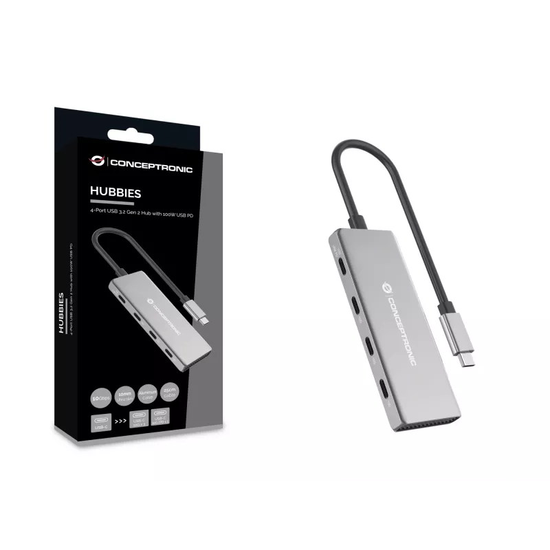 Conceptronic HUBBIES16G USB 3.2 Gen 2 (3.1 Gen 2) tipo C 4 prievadų USB mazgas 10000 Mbit/s pilka