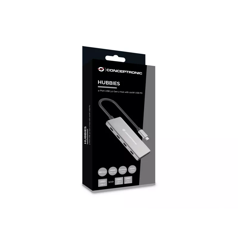 Conceptronic HUBBIES16G USB 3.2 Gen 2 (3.1 Gen 2) tipo C 4 prievadų USB mazgas 10000 Mbit/s pilka