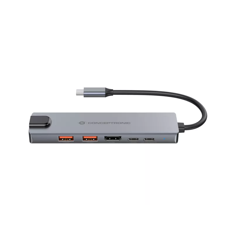 Conceptronic DONN29G 6-in-1 USB 3.2 Gen 2 dokų stotelė, 4K60Hz HDMI, USB-A 10Gbps x 2, USB-C 10Gbps, GbE LAN, 140W USB PD 3.1