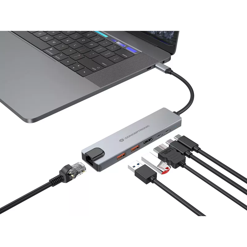 Conceptronic DONN29G 6-in-1 USB 3.2 Gen 2 dokų stotelė, 4K60Hz HDMI, USB-A 10Gbps x 2, USB-C 10Gbps, GbE LAN, 140W USB PD 3.1