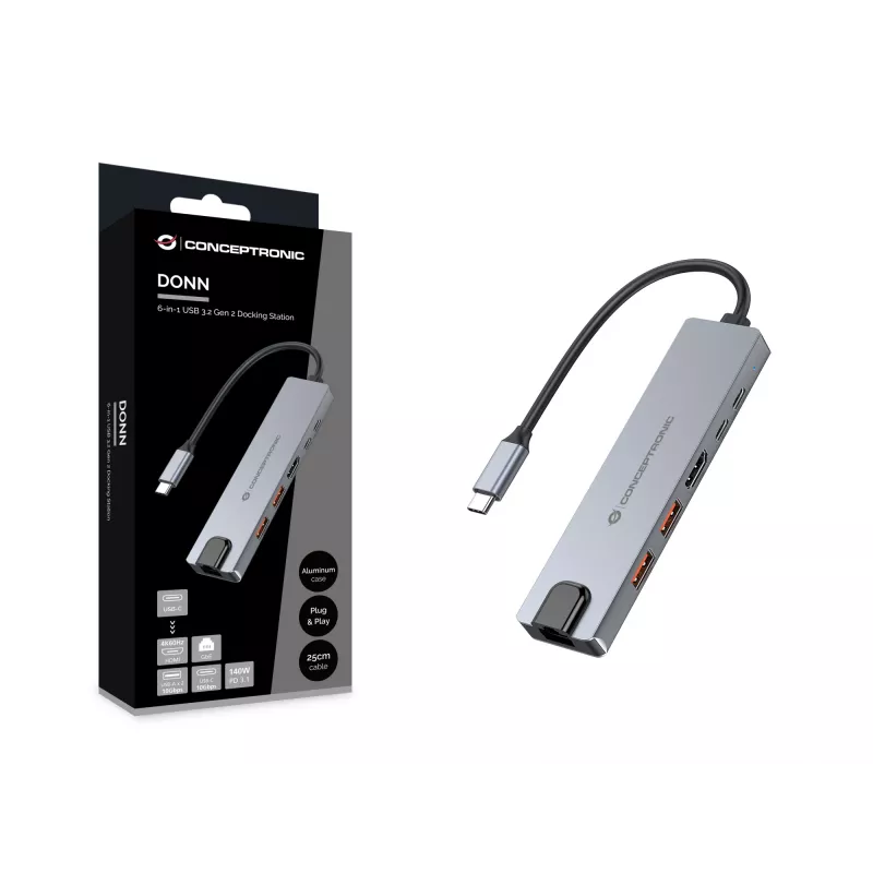 Conceptronic DONN29G 6-in-1 USB 3.2 Gen 2 dokų stotelė, 4K60Hz HDMI, USB-A 10Gbps x 2, USB-C 10Gbps, GbE LAN, 140W USB PD 3.1