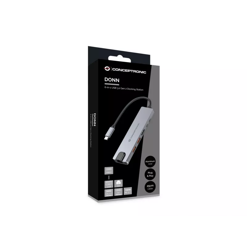 Conceptronic DONN29G 6-in-1 USB 3.2 Gen 2 dokų stotelė, 4K60Hz HDMI, USB-A 10Gbps x 2, USB-C 10Gbps, GbE LAN, 140W USB PD 3.1