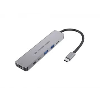 6-in-1 USB 3.2 Gen 1 dokų stotelė CONCEPTRONIC DONN33G HDMI, 2×USB-A 5Gbps, 2×USB-C 5Gbps, 100W USB PD, sidabrinė