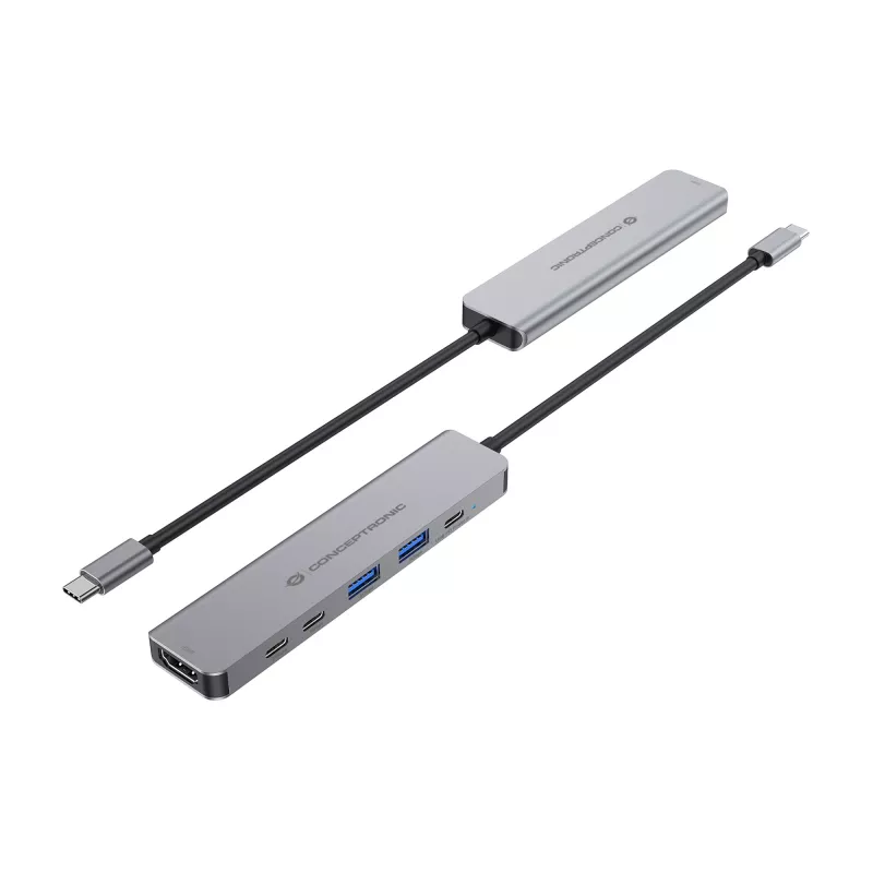 6-in-1 USB 3.2 Gen 1 dokų stotelė CONCEPTRONIC DONN33G HDMI, 2×USB-A 5Gbps, 2×USB-C 5Gbps, 100W USB PD, sidabrinė