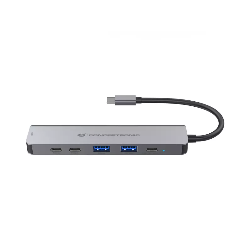 6-in-1 USB 3.2 Gen 1 dokų stotelė CONCEPTRONIC DONN33G HDMI, 2×USB-A 5Gbps, 2×USB-C 5Gbps, 100W USB PD, sidabrinė