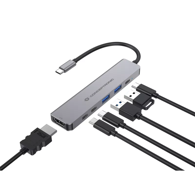 6-in-1 USB 3.2 Gen 1 dokų stotelė CONCEPTRONIC DONN33G HDMI, 2×USB-A 5Gbps, 2×USB-C 5Gbps, 100W USB PD, sidabrinė