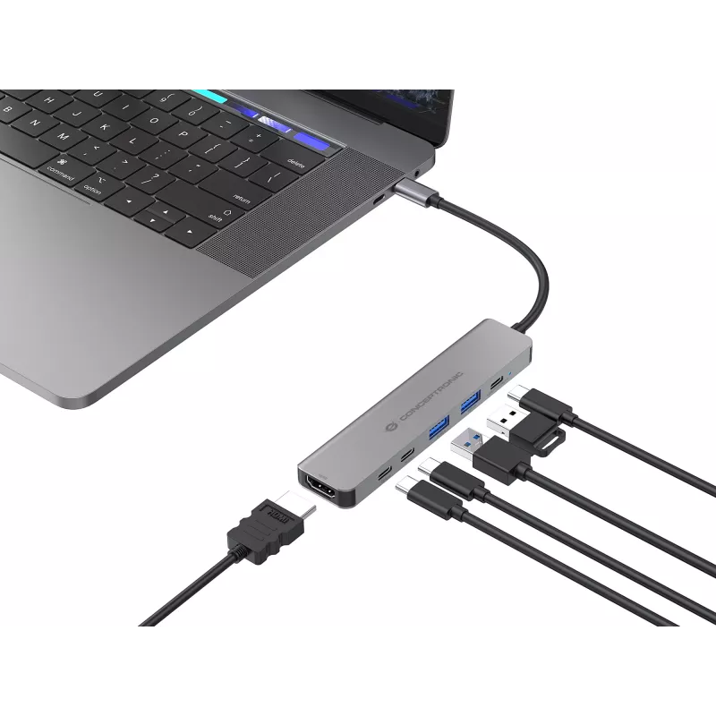 6-in-1 USB 3.2 Gen 1 dokų stotelė CONCEPTRONIC DONN33G HDMI, 2×USB-A 5Gbps, 2×USB-C 5Gbps, 100W USB PD, sidabrinė
