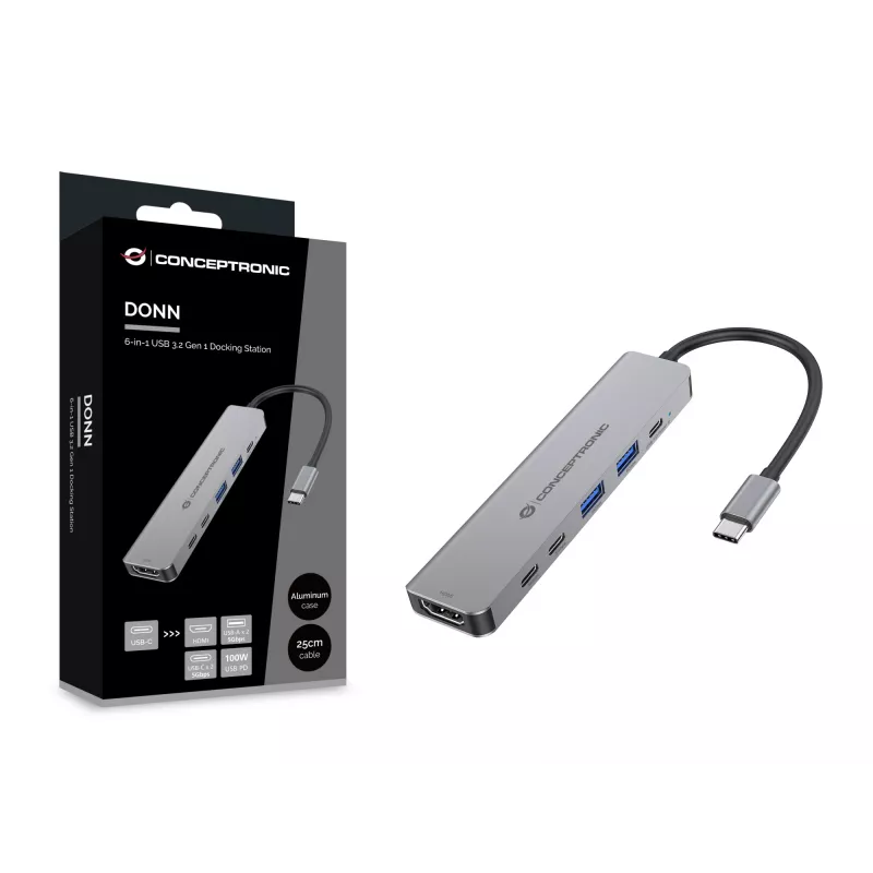6-in-1 USB 3.2 Gen 1 dokų stotelė CONCEPTRONIC DONN33G HDMI, 2×USB-A 5Gbps, 2×USB-C 5Gbps, 100W USB PD, sidabrinė