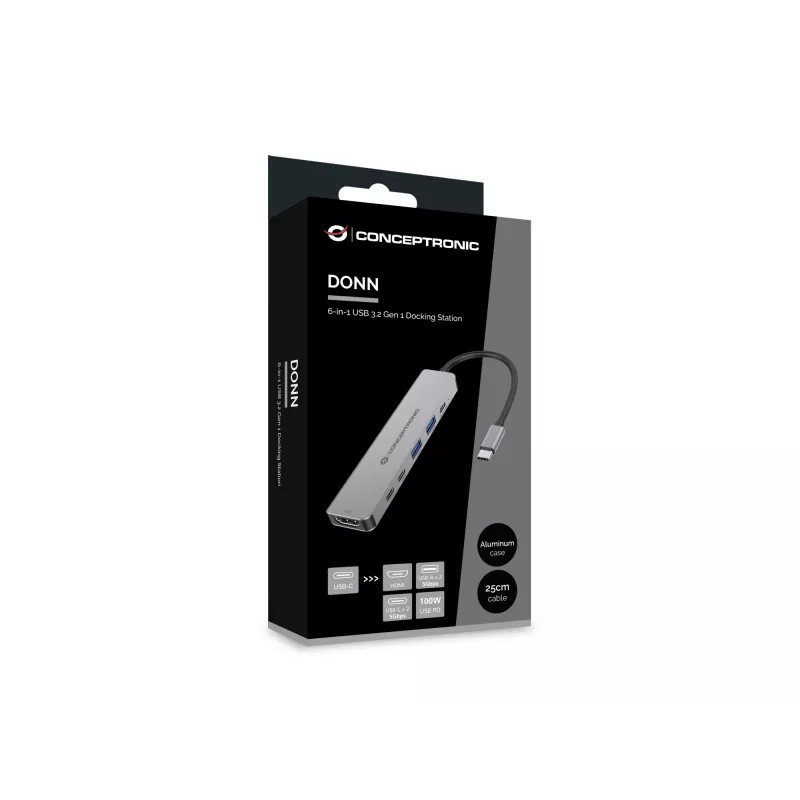 6-in-1 USB 3.2 Gen 1 dokų stotelė CONCEPTRONIC DONN33G HDMI, 2×USB-A 5Gbps, 2×USB-C 5Gbps, 100W USB PD, sidabrinė