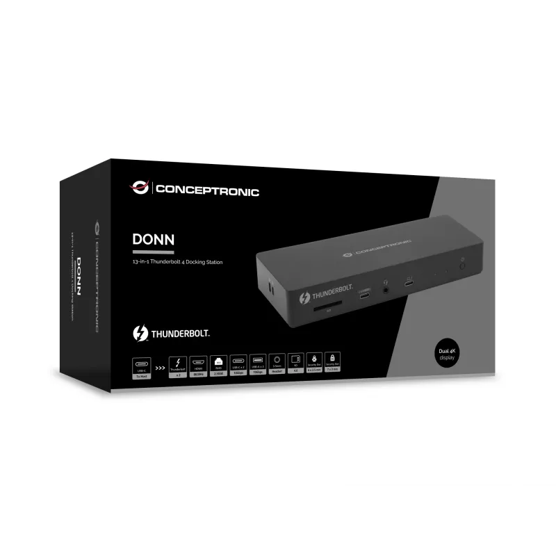 Conceptronic DONN30B 13-in-1 Thunderbolt 4 dokavimo stotelė, laidinė, Thunderbolt 4, 96 W, 3,5 mm, 10,100,1000,2000,2500 Mbit/s, IEEE 802.3bz
