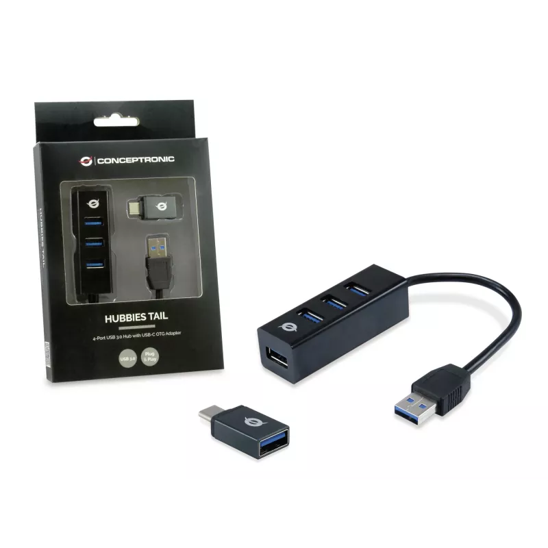 USB šakotuvas Conceptronic HUBBIES 4 prievadų USB 3.0 su USB-C OTG adapteriu