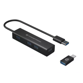 Conceptronic 4 prievadų USB 3.0 aliumininis centras su USB-C į USB-A adapteriu