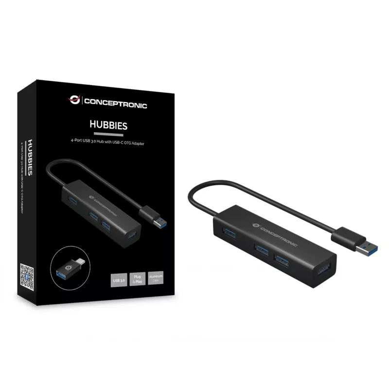 Conceptronic 4 prievadų USB 3.0 aliumininis centras su USB-C į USB-A adapteriu