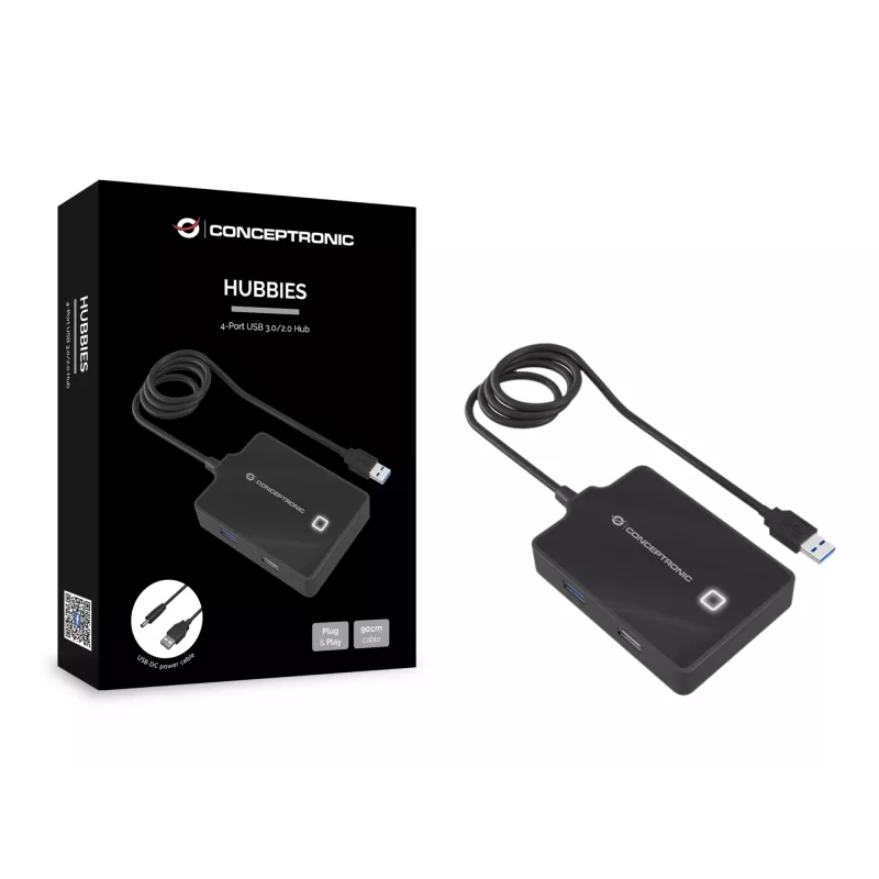 Conceptronic HUBBIES 4 prievadų USB 3.0/2.0 šakotuvas, 90 cm laidas, USB 3.2 Gen 1 (3.1 Gen 1) Type-A, juodas
