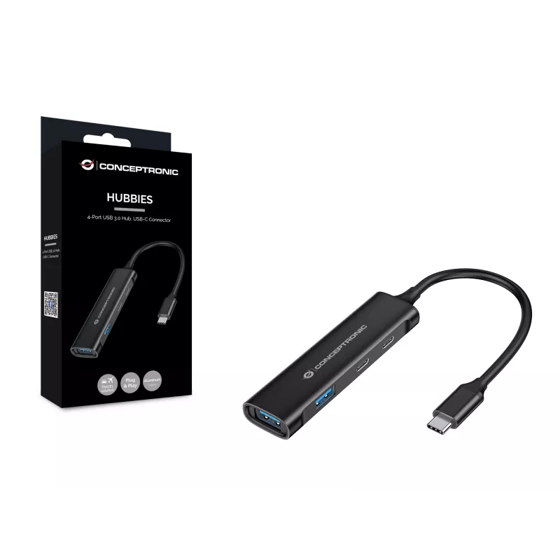 Conceptronic HUBBIES 4 prievadų USB 3.0 šakotuvas, 2 USB-C ir 2 USB-A prievadai, aliumininis korpusas, USB-C jungtis