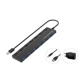 Conceptronic HUBBIES19BP 7 prievadų USB 3.0 šakotuvas su maitinimo adapteriu, 90 cm kabeliu, atskirais maitinimo jungikliais, USB 3.2 Gen 1