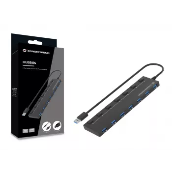 Conceptronic HUBBIES19BP 7 prievadų USB 3.0 šakotuvas su maitinimo adapteriu, 90 cm kabeliu, atskirais maitinimo jungikliais, USB 3.2 Gen 1