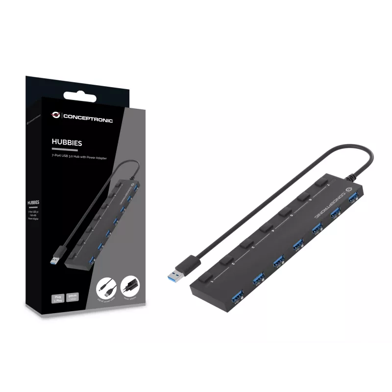 Conceptronic HUBBIES19BP 7 prievadų USB 3.0 šakotuvas su maitinimo adapteriu, 90 cm kabeliu, atskirais maitinimo jungikliais, USB 3.2 Gen 1