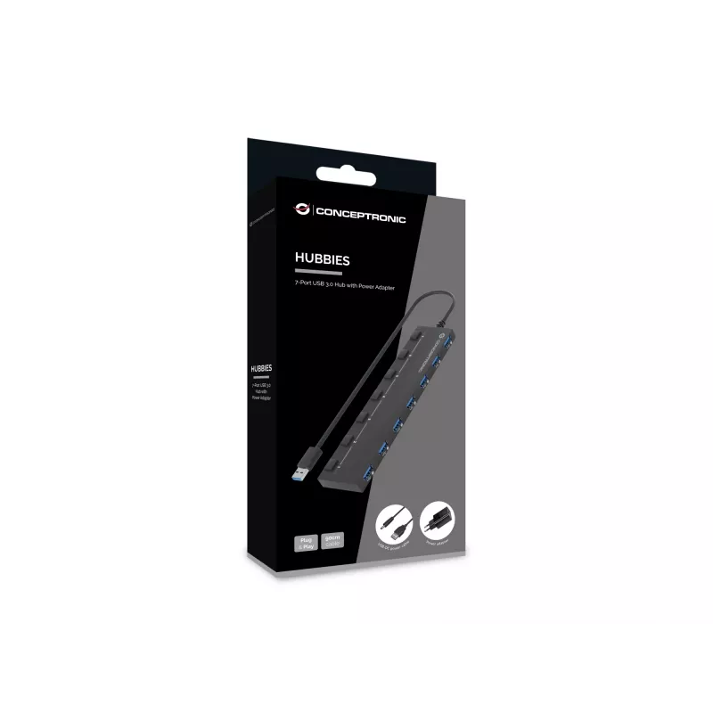 Conceptronic HUBBIES19BP 7 prievadų USB 3.0 šakotuvas su maitinimo adapteriu, 90 cm kabeliu, atskirais maitinimo jungikliais, USB 3.2 Gen 1