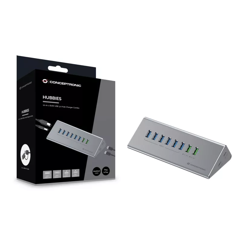 Conceptronic HUBBIES18G 10-in-1 60W USB 3.0 Hub ir įkroviklio rinkinys, 2-in-1 USB-C USB-A laidas, USB 3.2 Gen 1