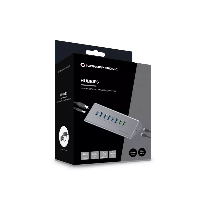Conceptronic HUBBIES18G 10-in-1 60W USB 3.0 Hub ir įkroviklio rinkinys, 2-in-1 USB-C USB-A laidas, USB 3.2 Gen 1