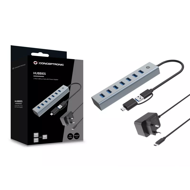 Conceptronic HUBBIES21GP 7 prievadų USB 3.0 šakotuvas su maitinimo adapteriu, 5Gbps, USB-A x 7