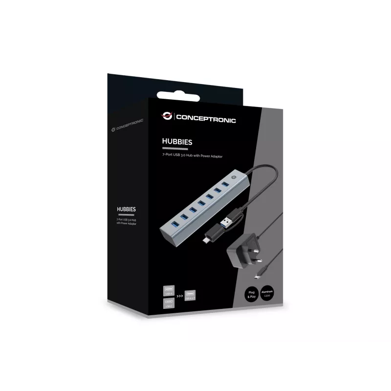 Conceptronic HUBBIES21GP 7 prievadų USB 3.0 šakotuvas su maitinimo adapteriu, 5Gbps, USB-A x 7