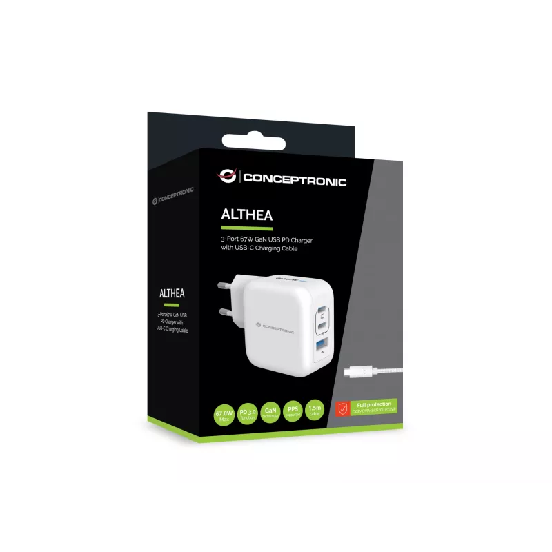 Conceptronic 3 prievadų 67W GaN USB PD įkroviklis su USB-C įkrovimo kabeliu, USB-C x 2, USB-A x 1, QC 3.0, PPS