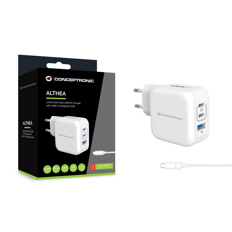 Conceptronic 3 prievadų 67W GaN USB PD įkroviklis su USB-C įkrovimo kabeliu, USB-C x 2, USB-A x 1, QC 3.0, PPS