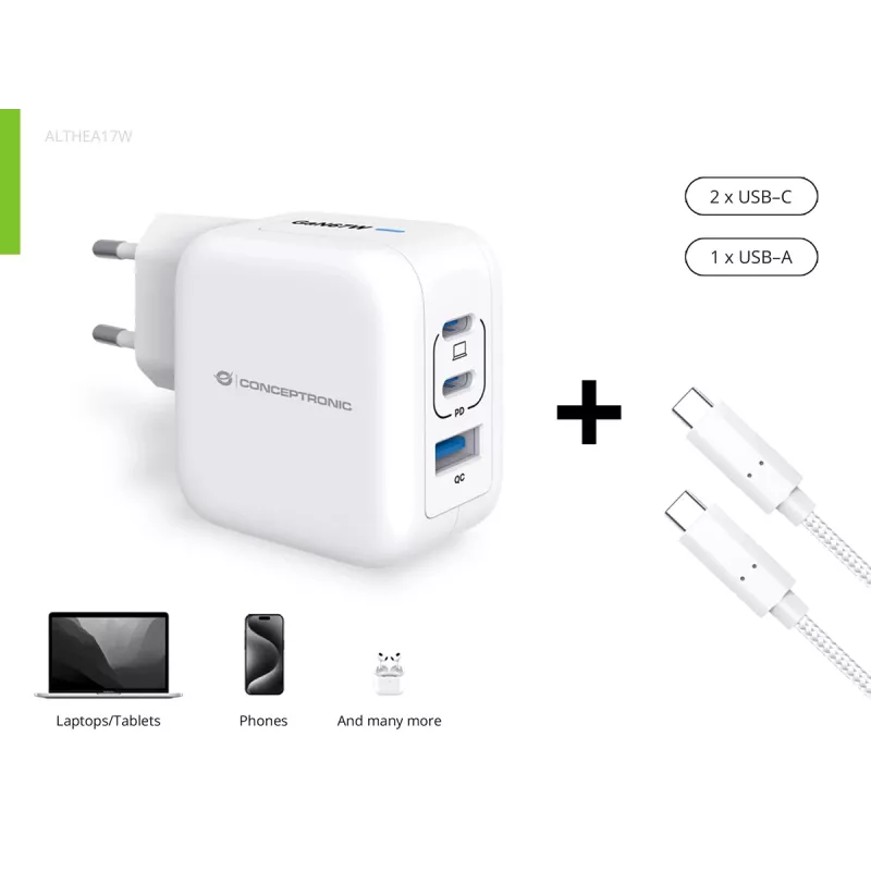 Conceptronic 3 prievadų 67W GaN USB PD įkroviklis su USB-C įkrovimo kabeliu, USB-C x 2, USB-A x 1, QC 3.0, PPS