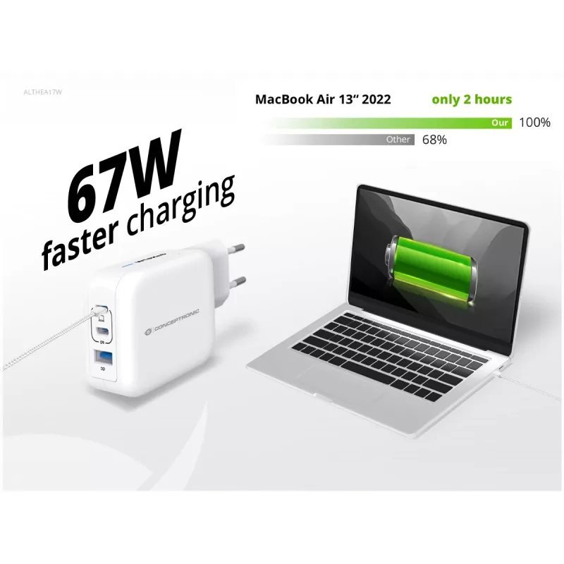 Conceptronic 3 prievadų 67W GaN USB PD įkroviklis su USB-C įkrovimo kabeliu, USB-C x 2, USB-A x 1, QC 3.0, PPS