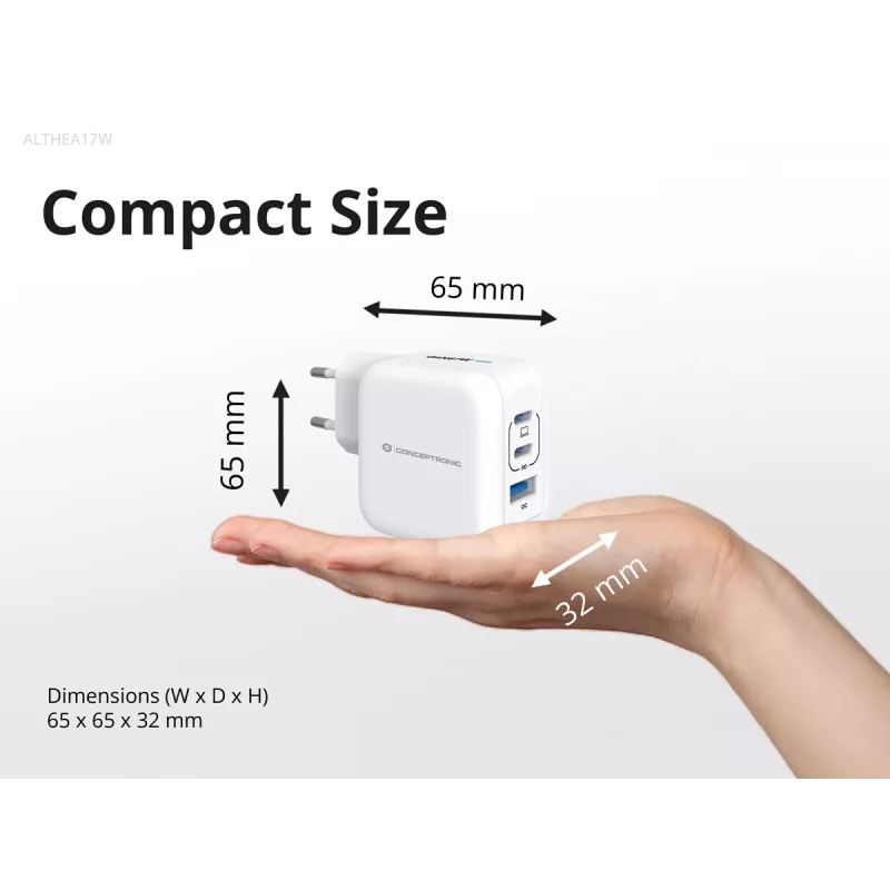 Conceptronic 3 prievadų 67W GaN USB PD įkroviklis su USB-C įkrovimo kabeliu, USB-C x 2, USB-A x 1, QC 3.0, PPS