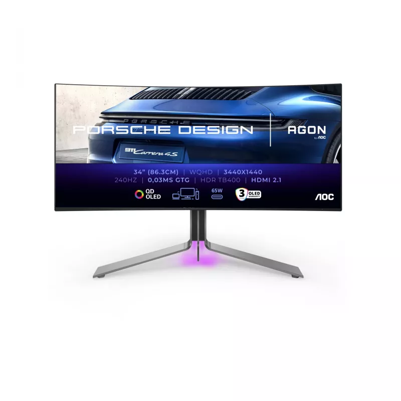 AOC Porsche Design PD34 monitorius 86,4 cm (34 col.) 3440 x 1440 pikselių Wide Quad HD QD-OLED juodas