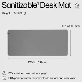 HP 200 Sanitizable Desk Mat, pilka, vienspalvė, perdirbtas polietileno tereftalatas (rPET), guma, neslystantis pagrindas